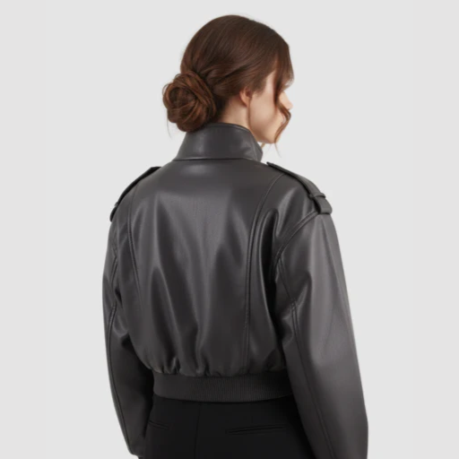 Women’s Cropped Bomber Jacket with Stand-Up Collar and Flap Pockets