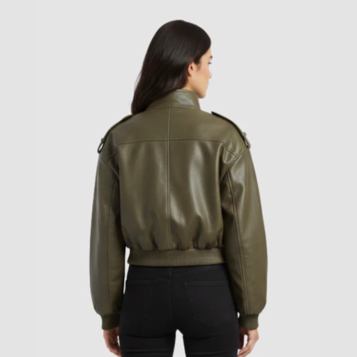 Women’s Cropped Bomber Jacket with Stand-Up Collar and Flap Pockets