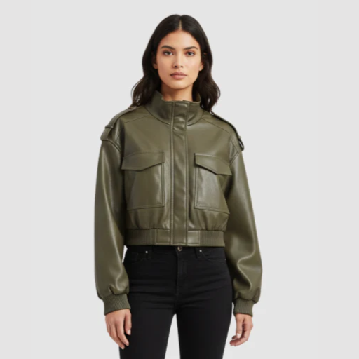 Women’s Cropped Bomber Jacket with Stand-Up Collar and Flap Pockets