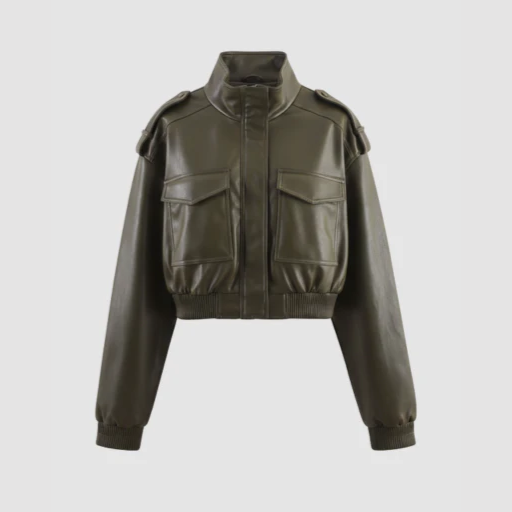 Women’s Cropped Bomber Jacket with Stand-Up Collar and Flap Pockets