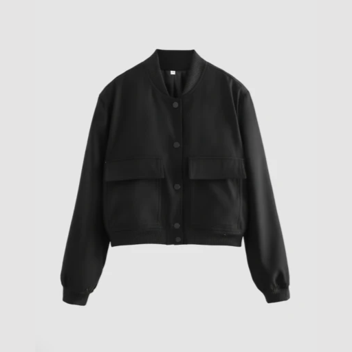 Women’s Round-Neck Bomber Jacket with Snap-Button Front and Flap Pockets