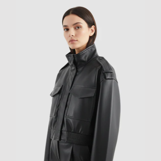 Women’s Cropped Bomber Jacket with Stand-Up Collar and Flap Pockets