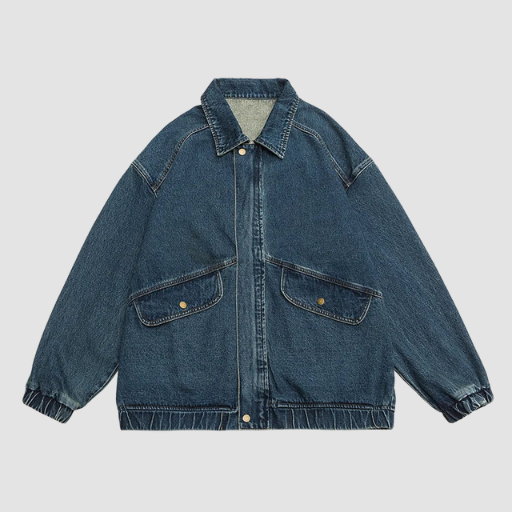 Men’s Oversized Denim-Look Jacket with Classic Collar and Flap Pockets