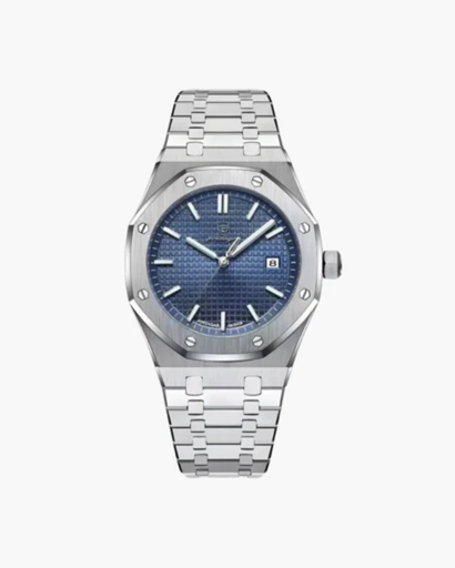 Men's elegant watch with integrated bracelet — structured design and date display