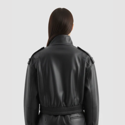 Women’s Cropped Bomber Jacket with Stand-Up Collar and Flap Pockets
