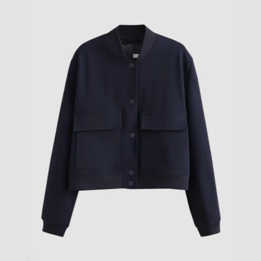 Women’s Round-Neck Bomber Jacket with Snap-Button Front and Flap Pockets