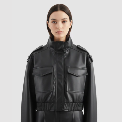 Women’s Cropped Bomber Jacket with Stand-Up Collar and Flap Pockets