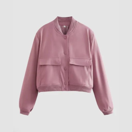 Women’s Round-Neck Bomber Jacket with Snap-Button Front and Flap Pockets