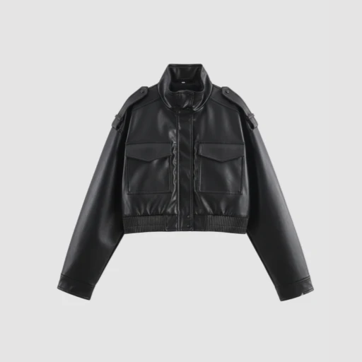 Women’s Cropped Bomber Jacket with Stand-Up Collar and Flap Pockets