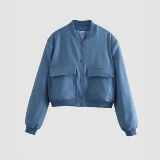 Women’s Round-Neck Bomber Jacket with Snap-Button Front and Flap Pockets