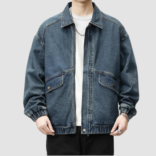 Men’s Oversized Denim-Look Jacket with Classic Collar and Flap Pockets