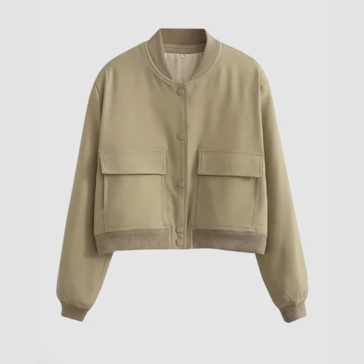 Women’s Round-Neck Bomber Jacket with Snap-Button Front and Flap Pockets