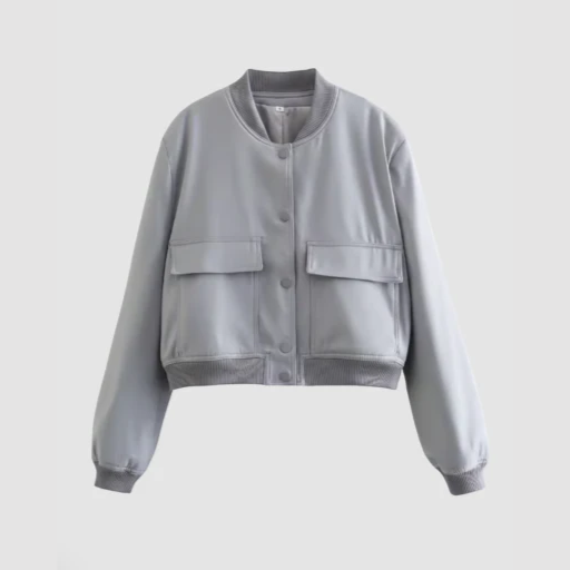 Women’s Round-Neck Bomber Jacket with Snap-Button Front and Flap Pockets