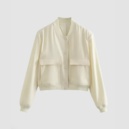 Women’s Round-Neck Bomber Jacket with Snap-Button Front and Flap Pockets