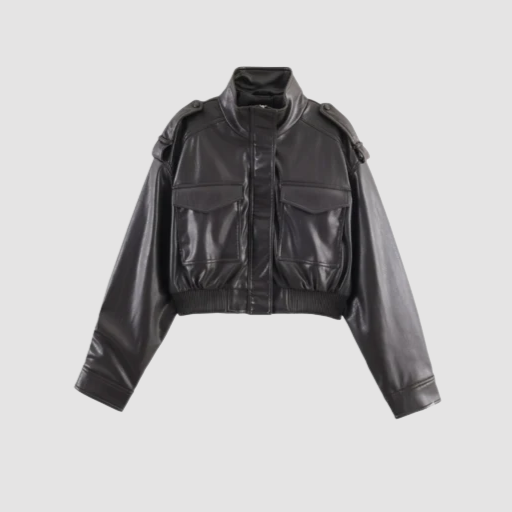 Women’s Cropped Bomber Jacket with Stand-Up Collar and Flap Pockets